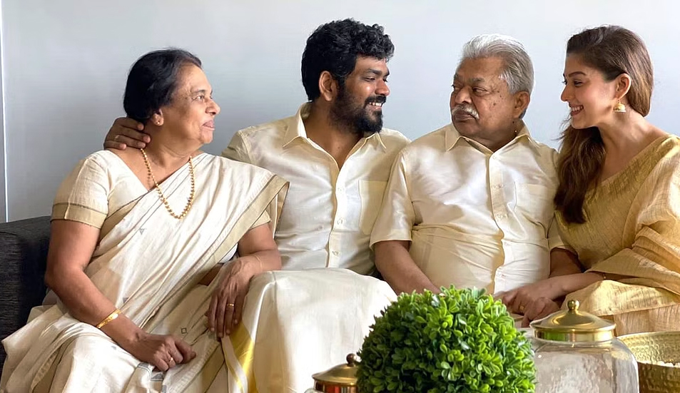 Nayanthara with her husband Vignesh Shivan, Father Kurien Kodiyattu, and Mother Omana Kurian